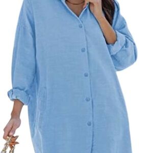 C&C California Light Blue Linen Button-Down Shirt Dress